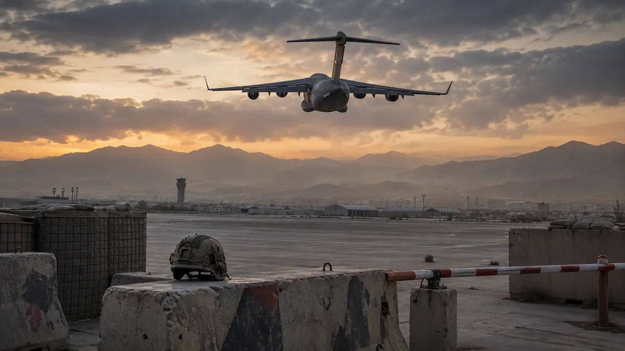 Editorial illustration of a U.S. military transport leaving Kabul airport at dusk above an empty checkpoint and combat helmet