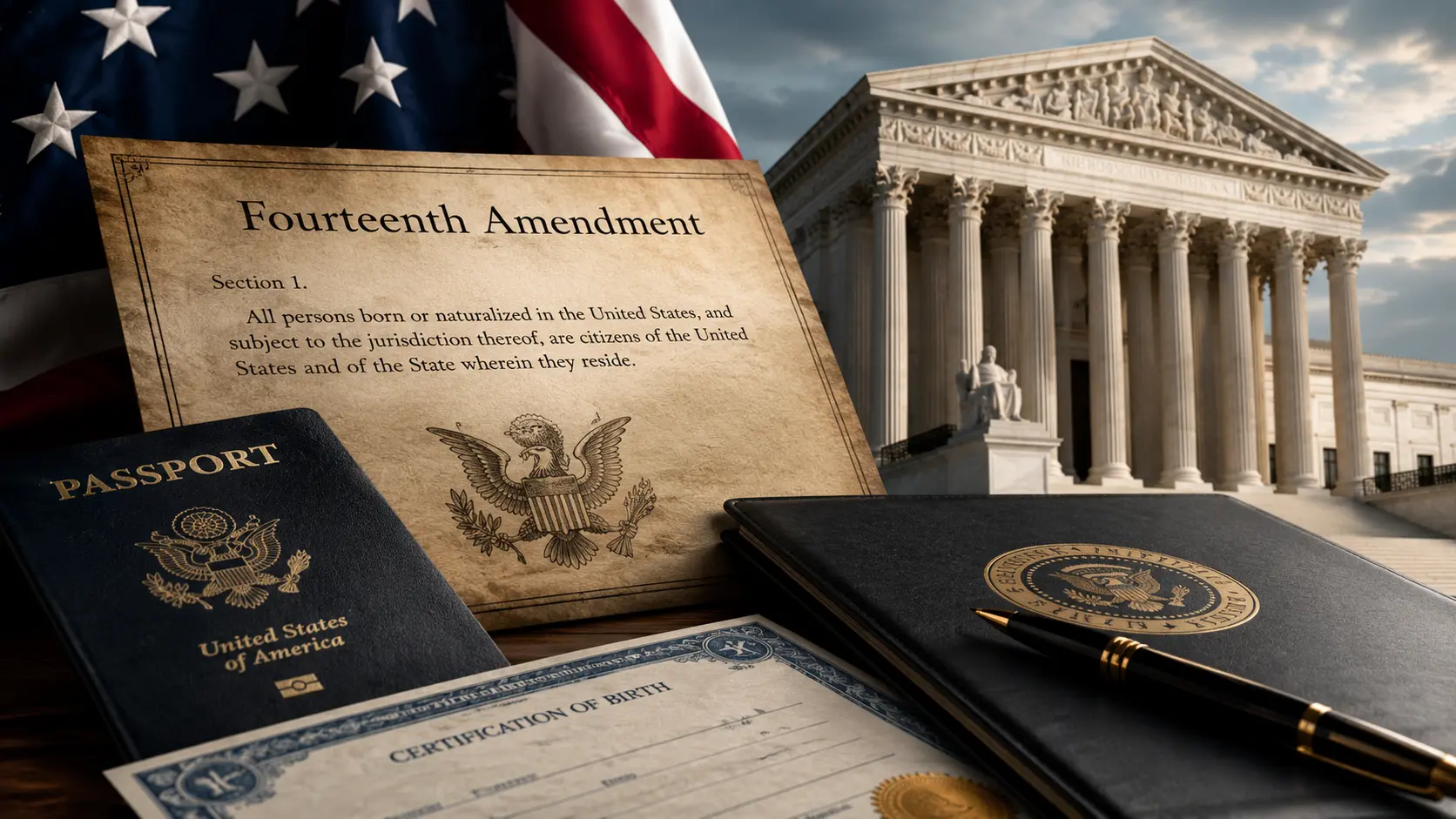 Editorial illustration of the Fourteenth Amendment, U.S. passport and Supreme Court building.