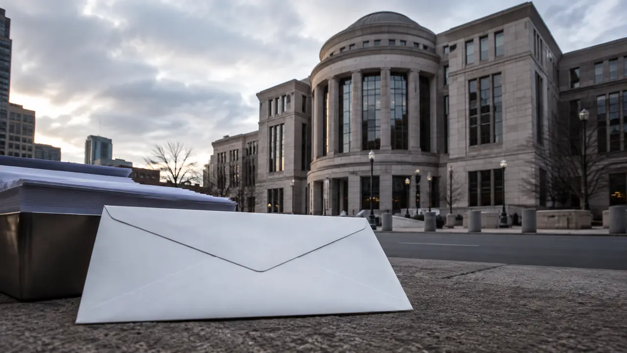 Editorial illustration of a sealed mail ballot outside a federal courthouse in Boston.