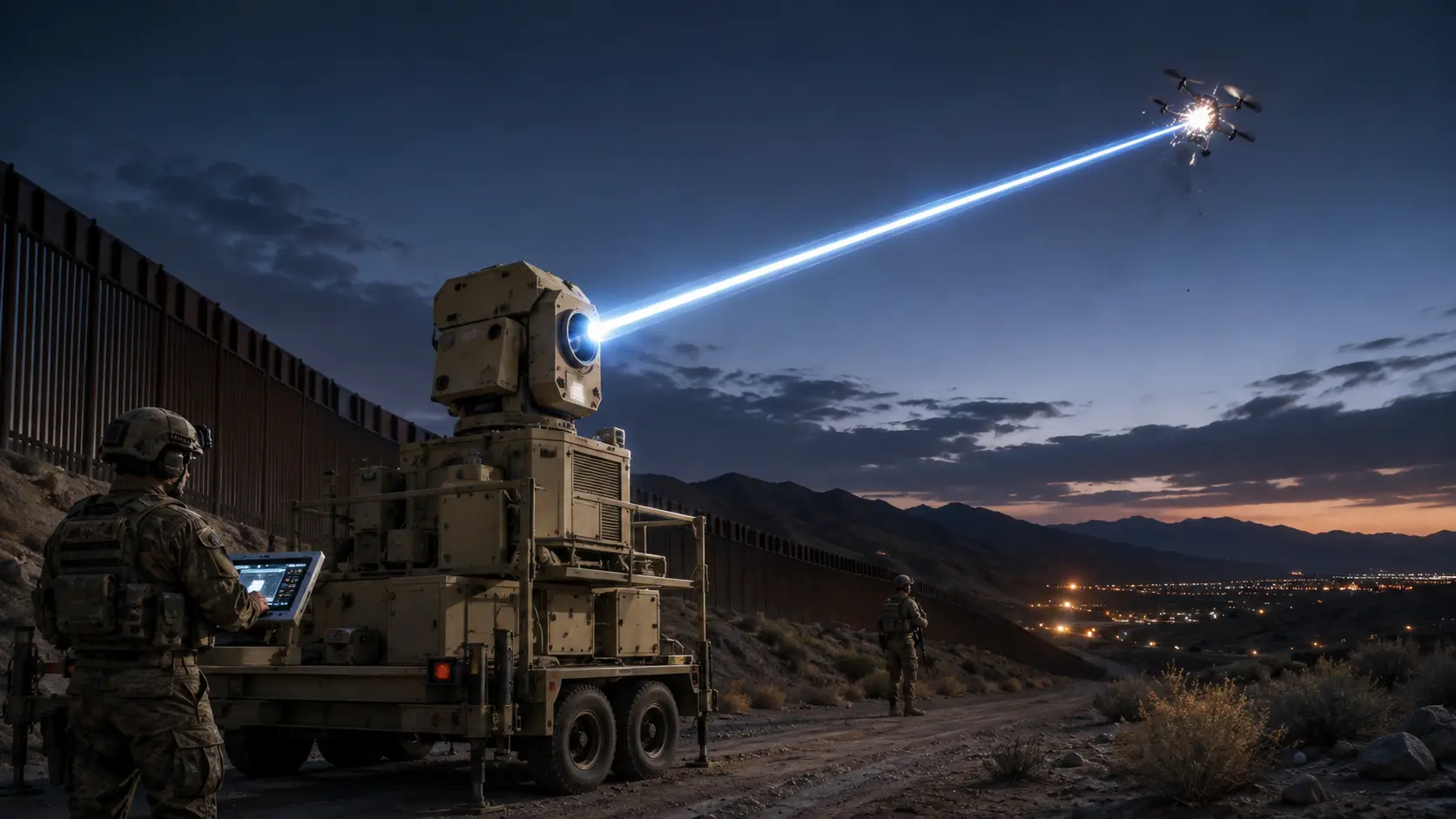 Editorial illustration of an Army high-energy laser system engaging a drone over a desert border scene.