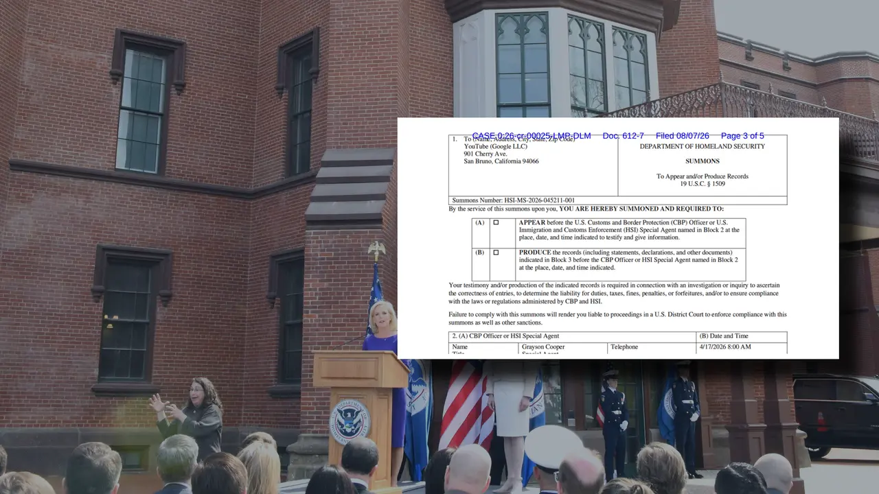 A court-filed Homeland Security Investigations summons displayed over an official file photograph of the DHS headquarters entrance.