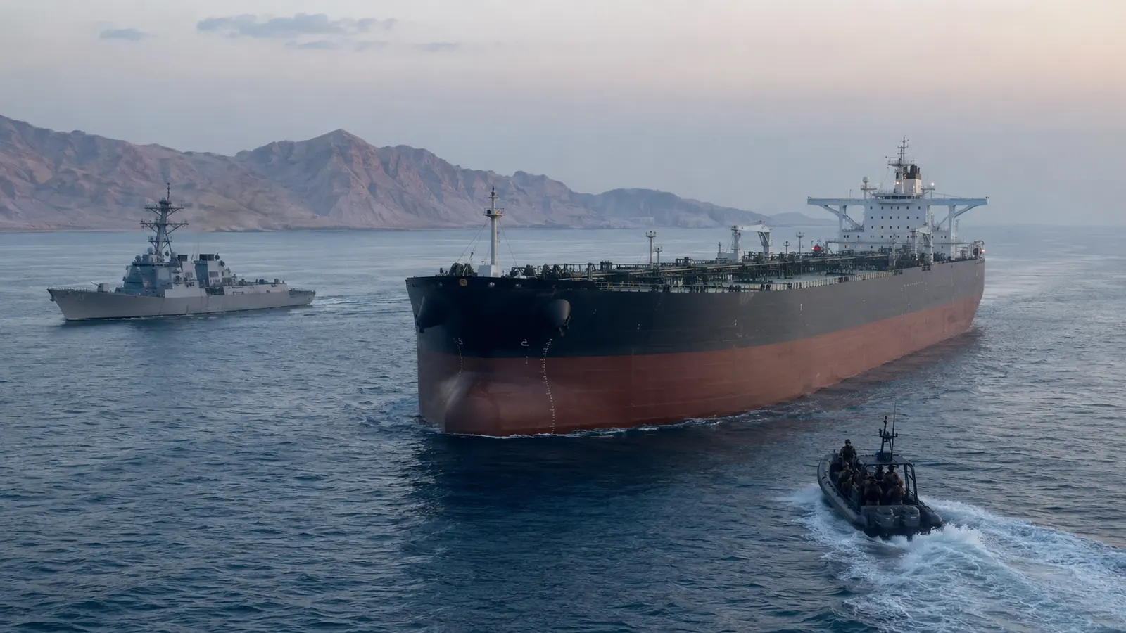 Editorial scene of a commercial oil tanker in the Strait of Hormuz escorted by a U.S. Navy destroyer as a boarding team approaches.