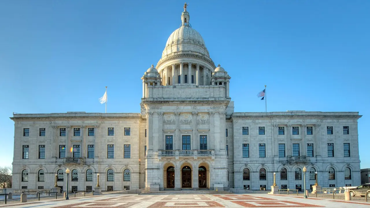 The main entrance of the Rhode Island State House in Providence.