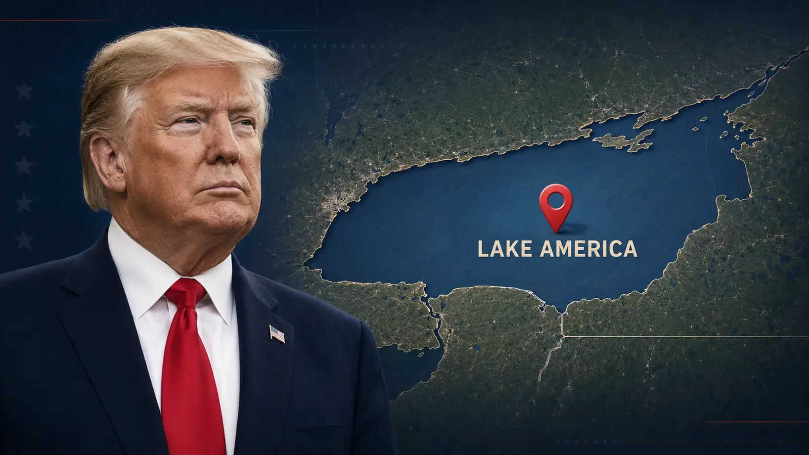 Editorial graphic of President Donald Trump beside a map labeled Lake America