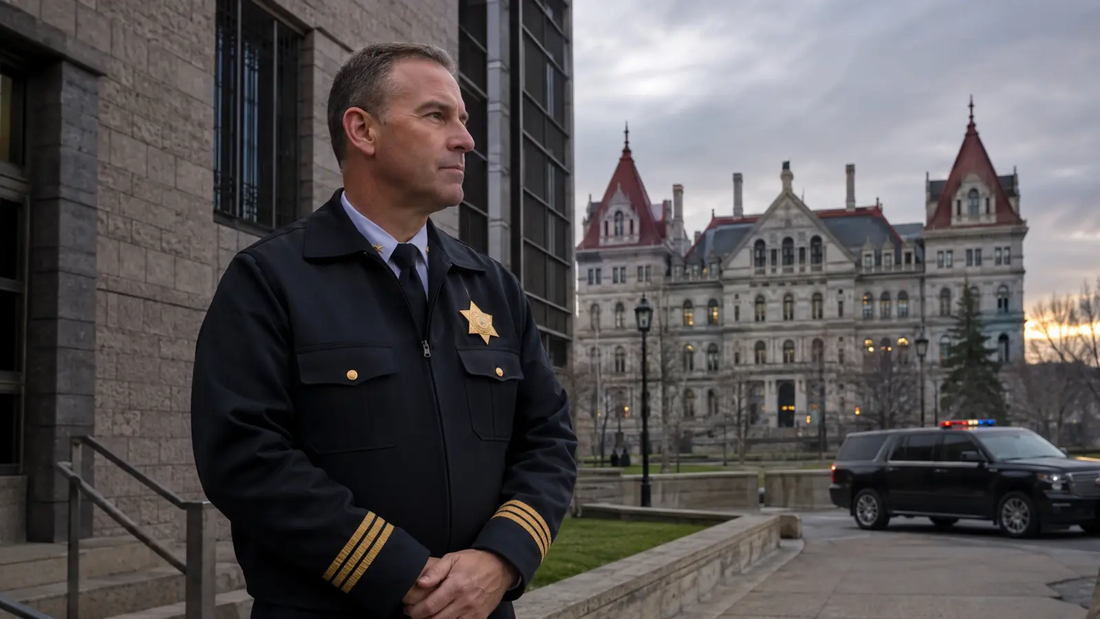 Editorial scene of a New York county sheriff outside a government building with the New York State Capitol and a law-enforcement vehicle in the background.