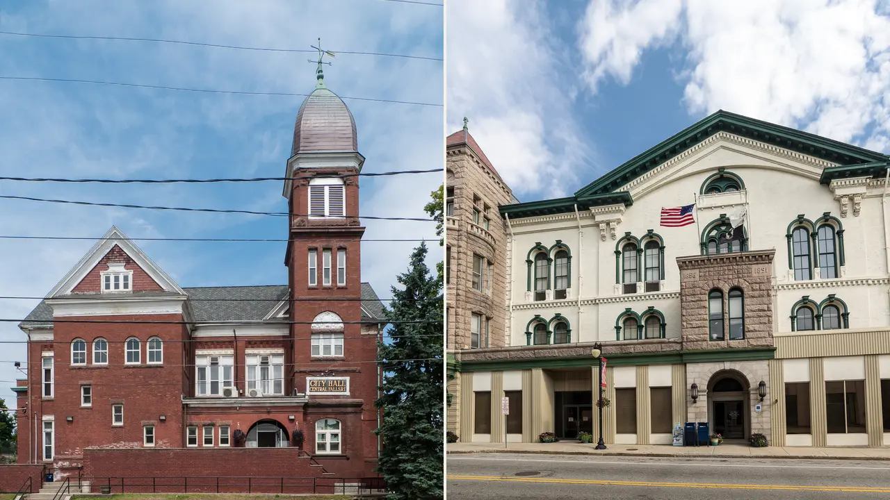 Central Falls City Hall and Woonsocket City Hall shown side by side.