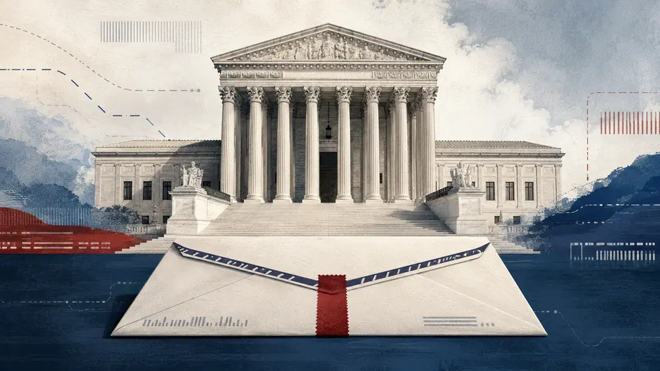 Editorial illustration of the United States Supreme Court behind a sealed mail ballot envelope
