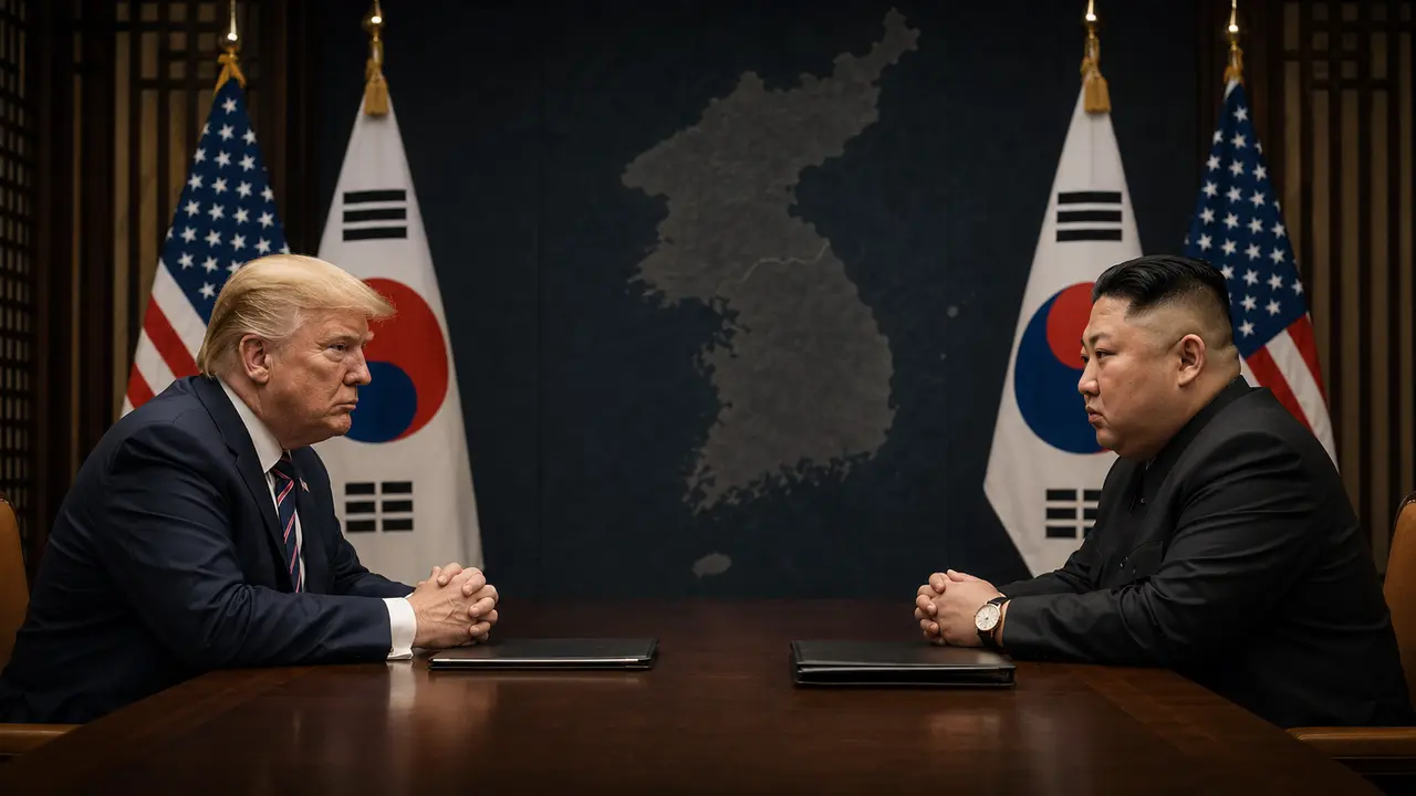 Editorial illustration of President Donald Trump and North Korean leader Kim Jong Un facing one another across a diplomatic table.