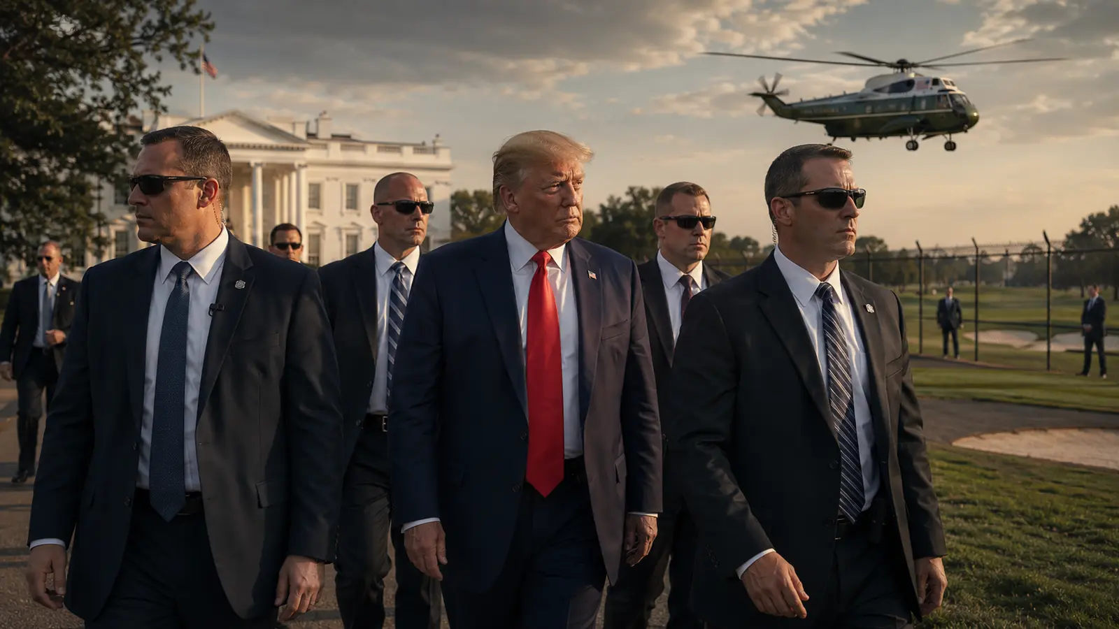 Editorial illustration of President Donald Trump surrounded by Secret Service agents, with the White House, Marine One and a secured golf-course perimeter in the background.