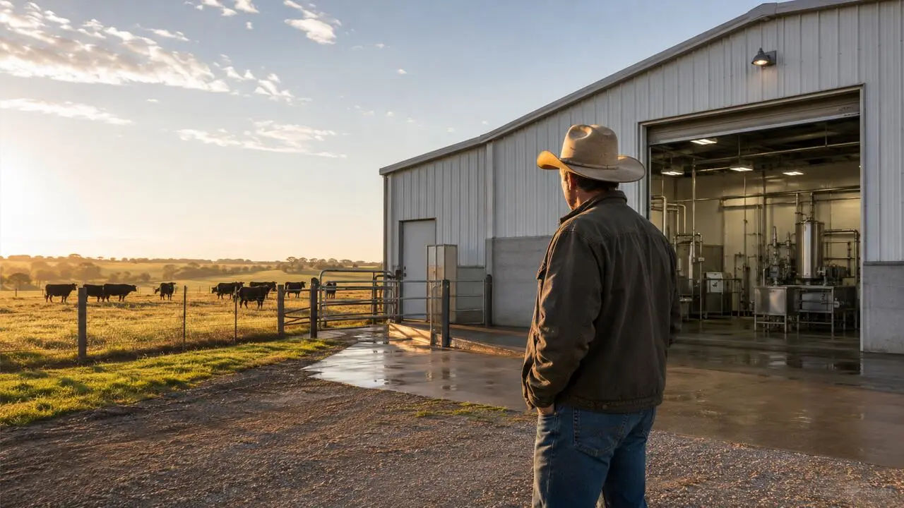 Rancher outside a small regional meat-processing facility beside cattle pasture.