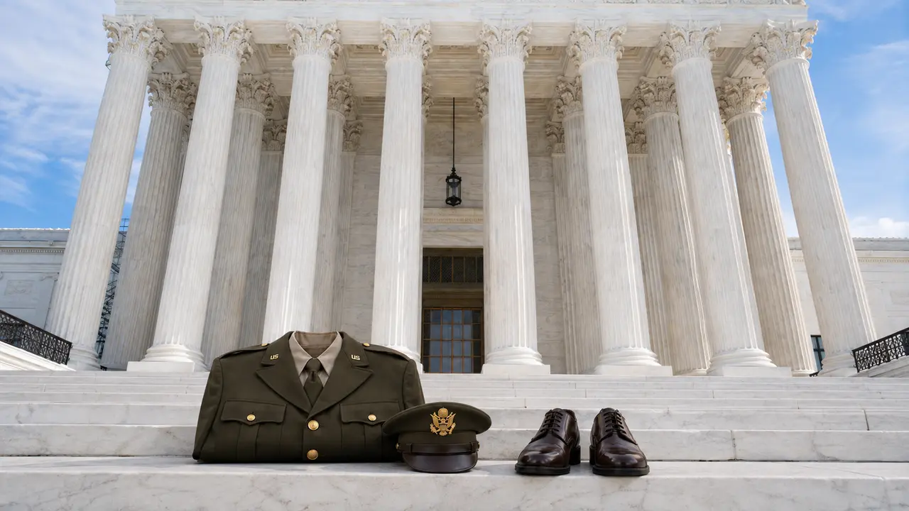 Editorial composite of a folded U.S. Army dress uniform, service cap and one pair of shoes on the steps of the U.S. Supreme Court.