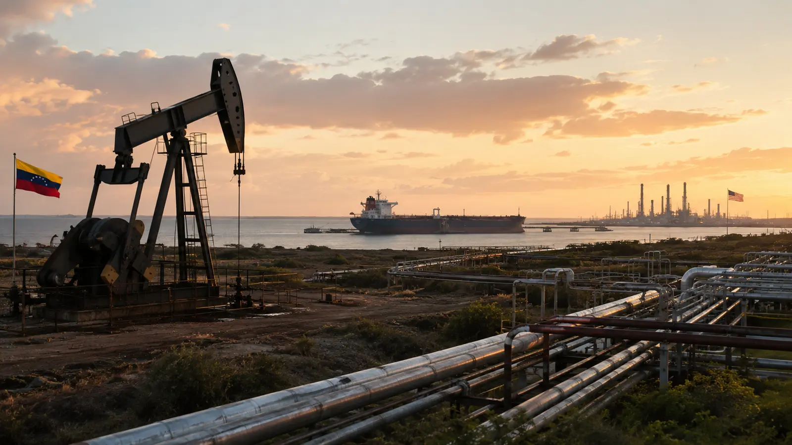Editorial illustration of a Venezuelan heavy-oil pumpjack and flag in the foreground, an oil tanker at center, and a U.S. Gulf Coast refinery and flag in the distance at golden hour.